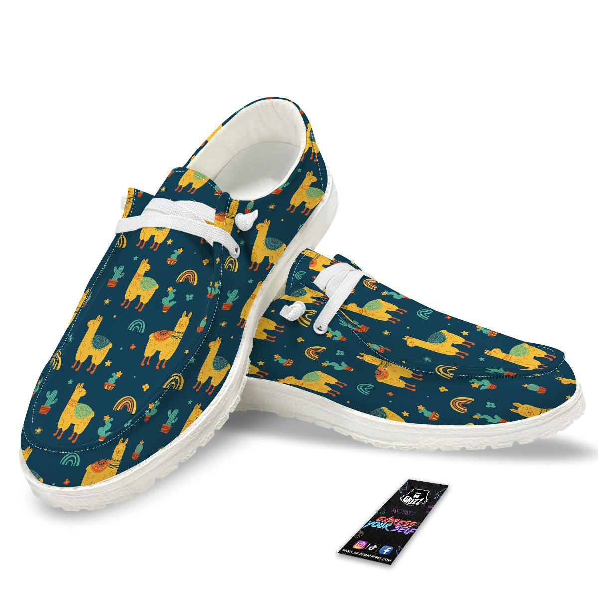 Llama Yellow Print Pattern White Loafers-grizzshop