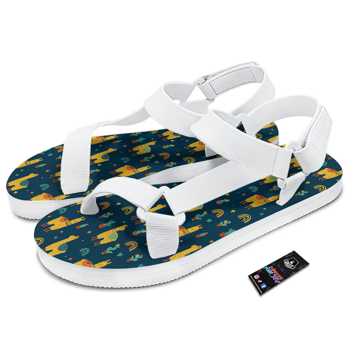 Llama Yellow Print Pattern White Open Toe Sandals-grizzshop