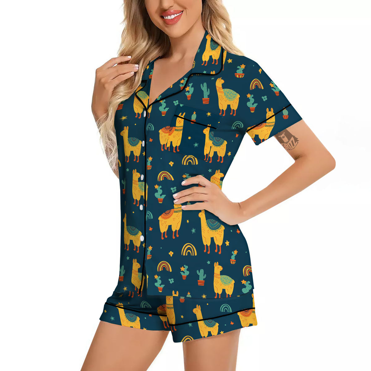 Llama Yellow Print Pattern Women Silk Pajamas-grizzshop