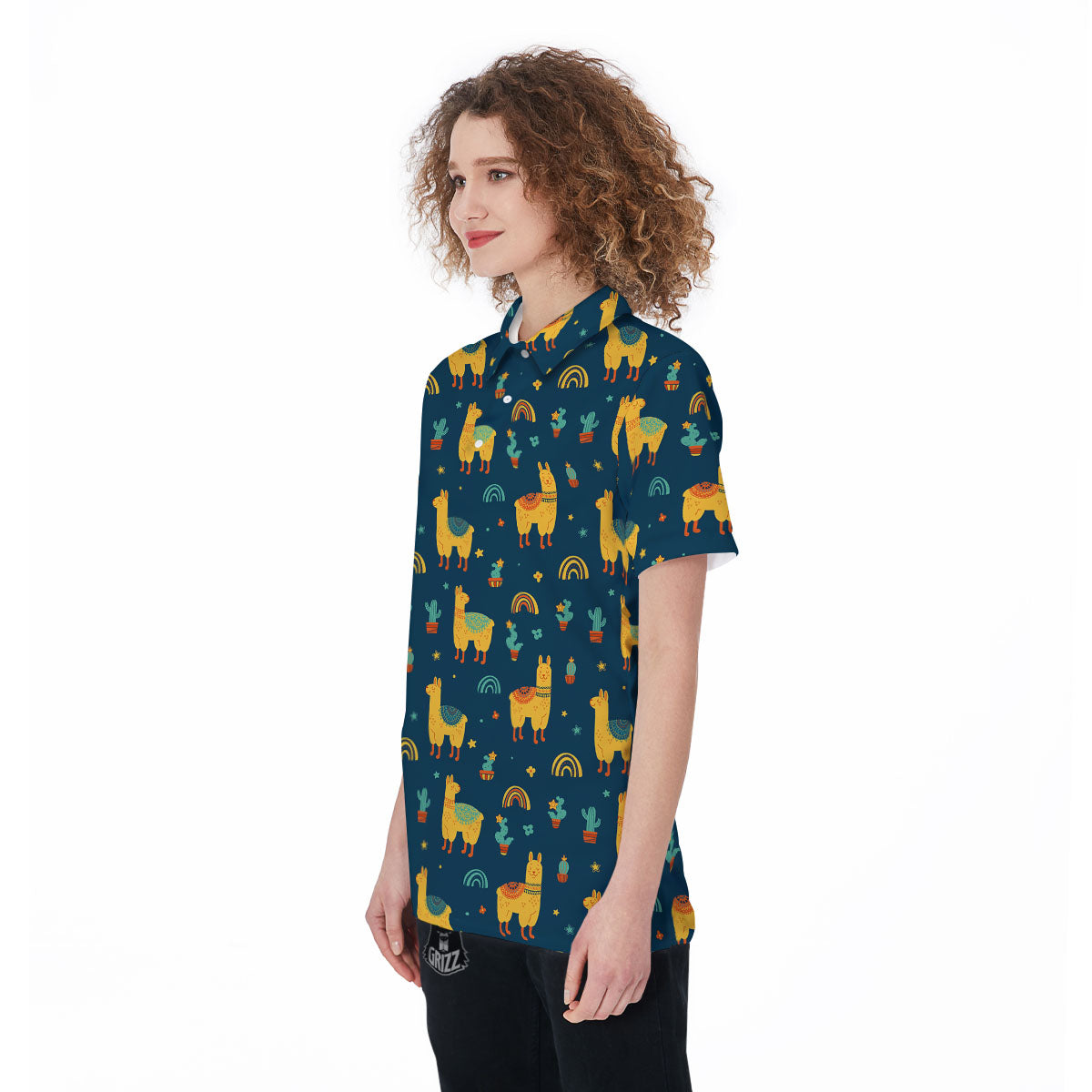 Llama Yellow Print Pattern Women's Golf Shirts-grizzshop
