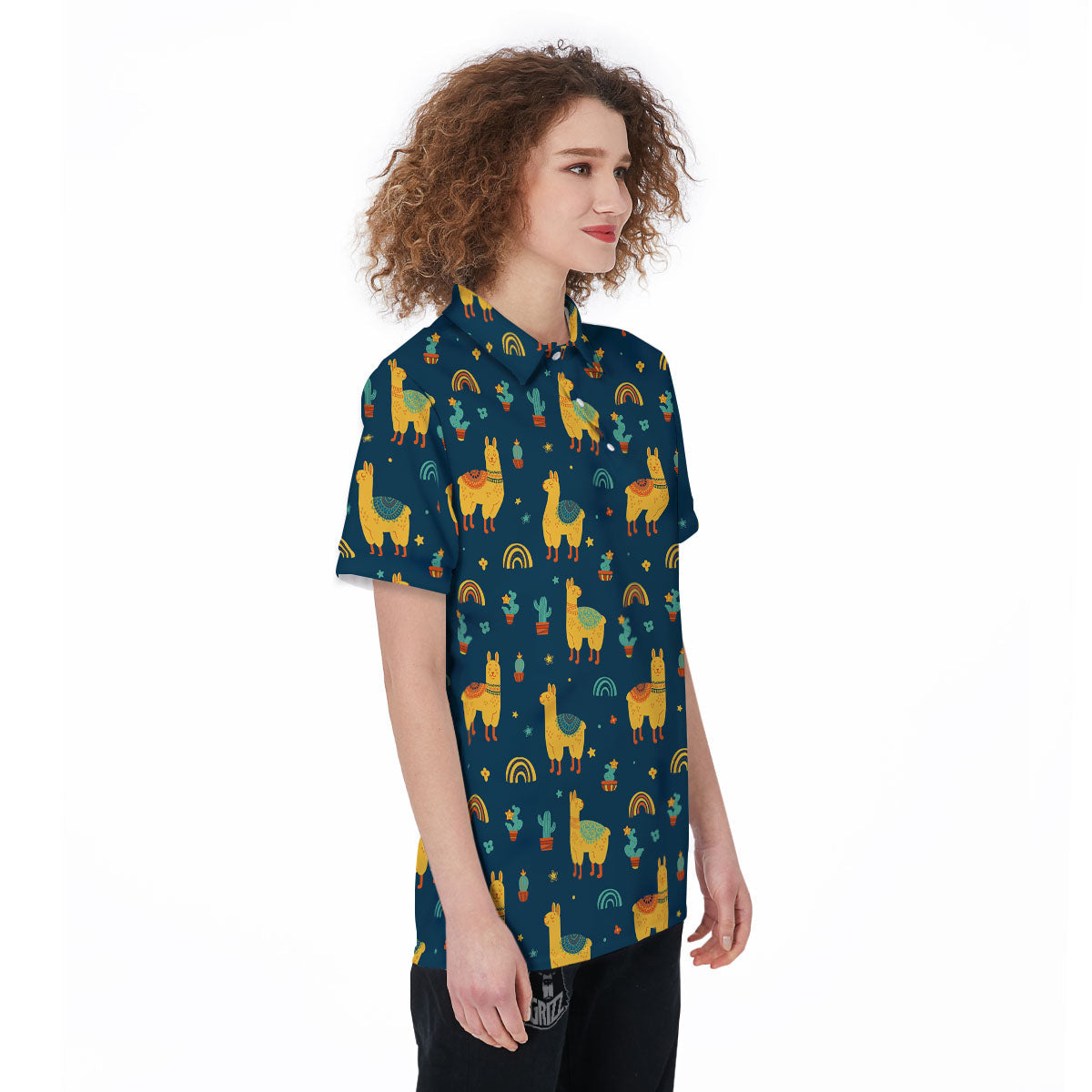Llama Yellow Print Pattern Women's Golf Shirts-grizzshop