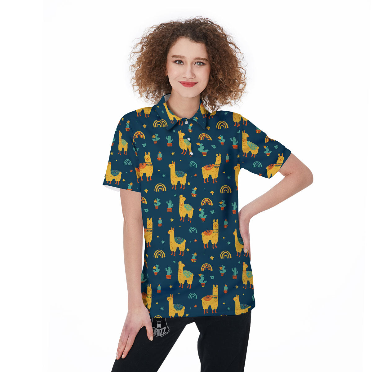 Llama Yellow Print Pattern Women's Golf Shirts-grizzshop