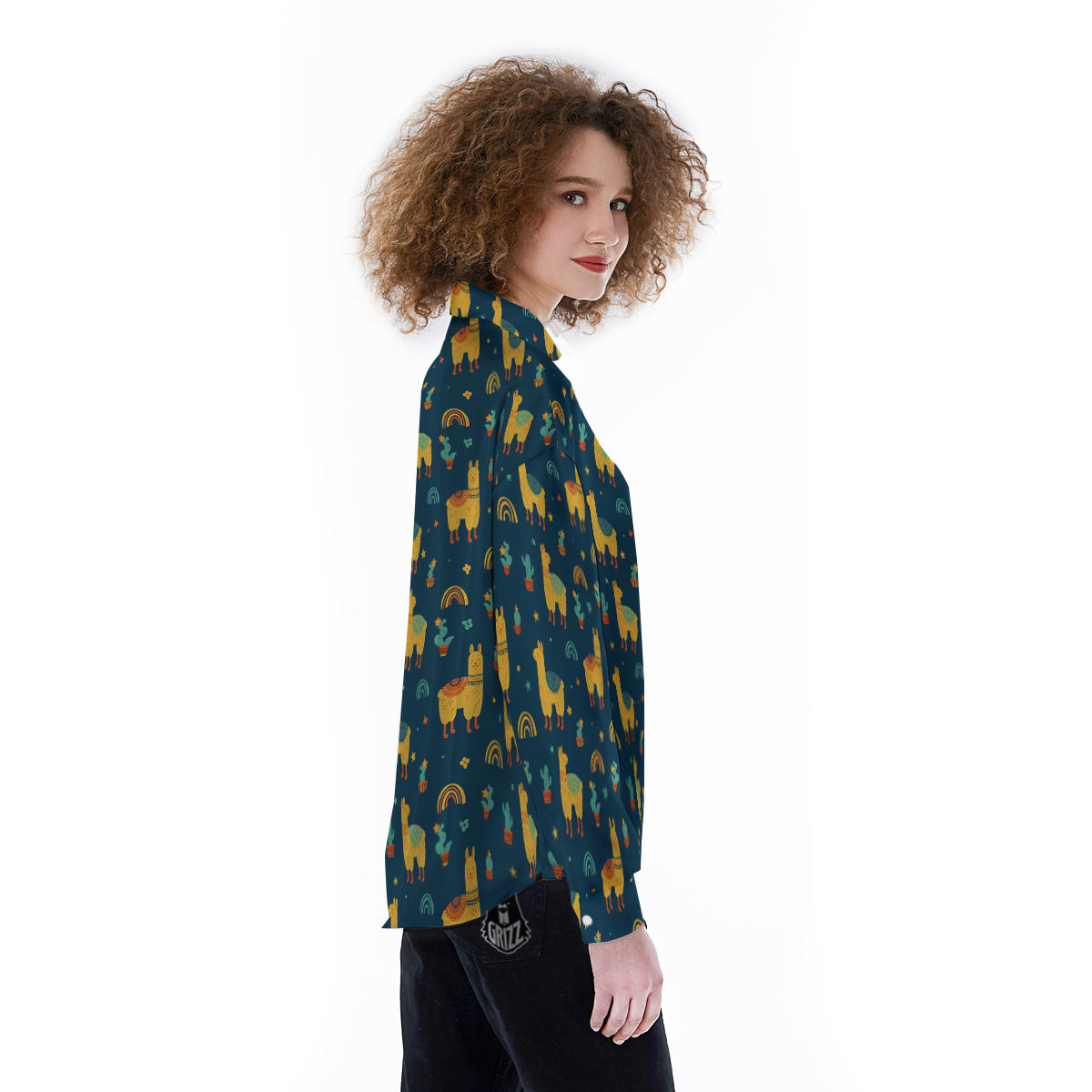 Llama Yellow Print Pattern Women's Long Sleeve Shirts-grizzshop
