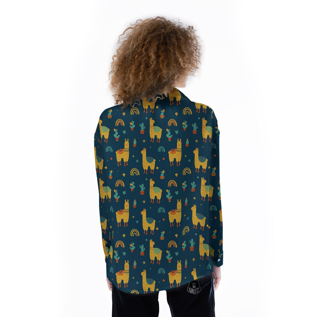 Llama Yellow Print Pattern Women's Long Sleeve Shirts-grizzshop