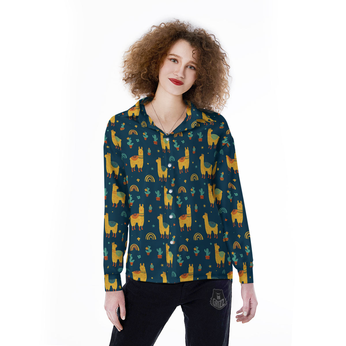 Llama Yellow Print Pattern Women's Long Sleeve Shirts-grizzshop