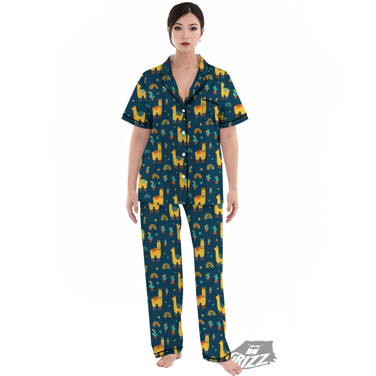 Llama Yellow Print Pattern Women's Pajamas Set-grizzshop