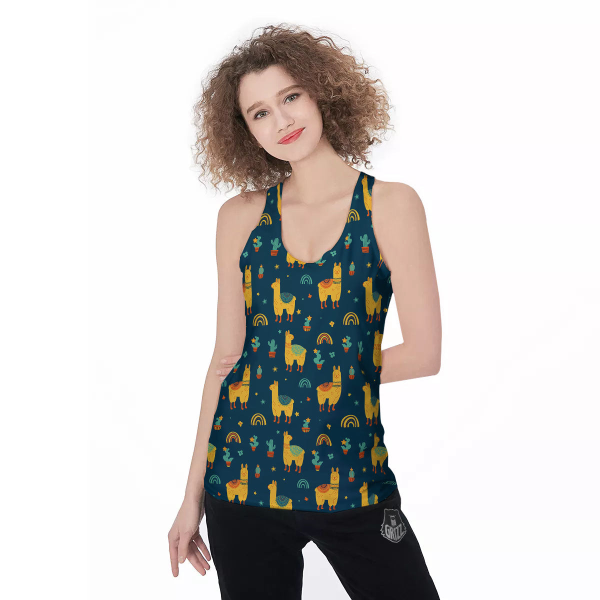 Llama Yellow Print Pattern Women's Racerback Tank Top-grizzshop