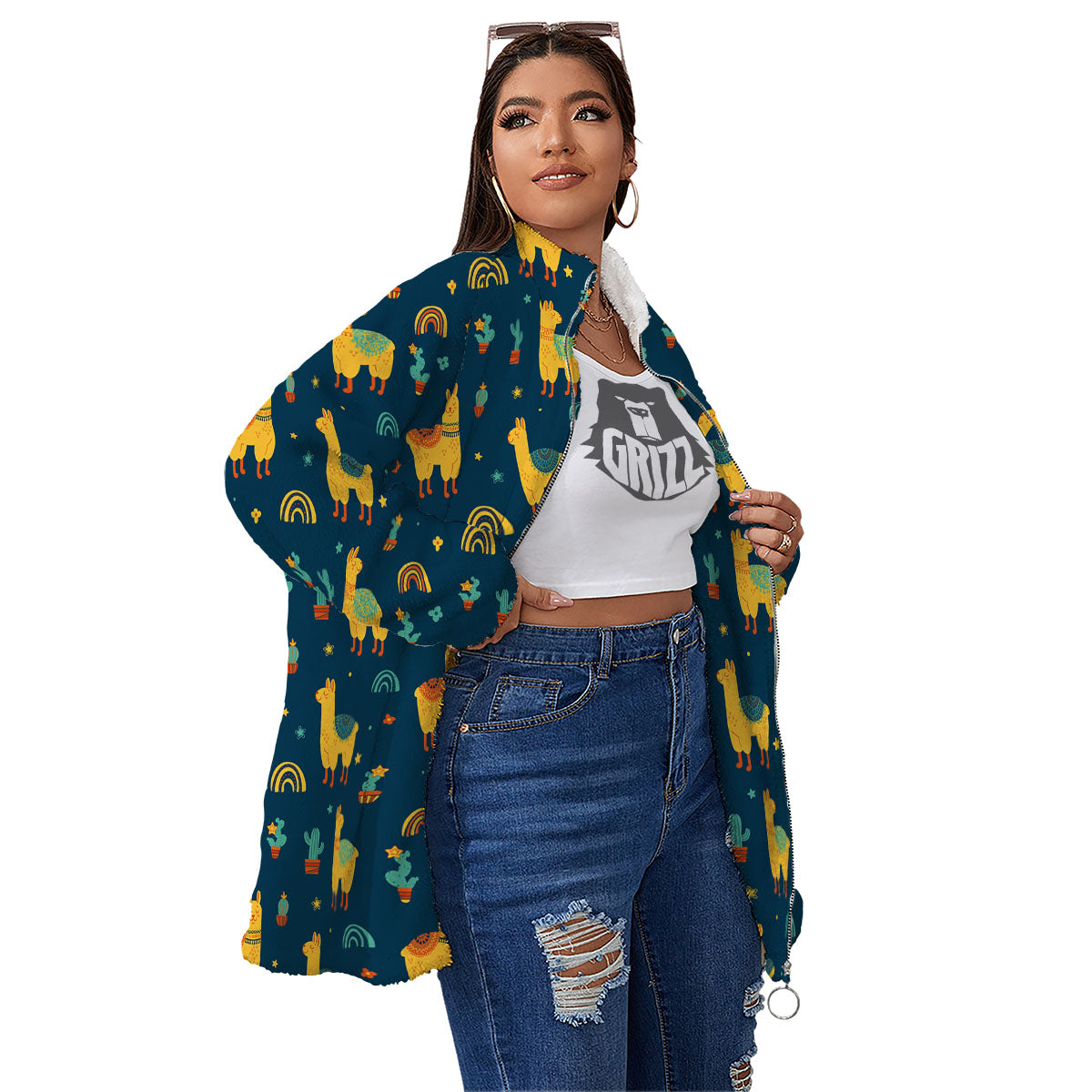 Llama Yellow Print Pattern Women's Sherpa Jacket-grizzshop