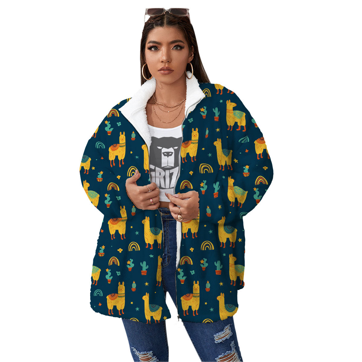 Llama Yellow Print Pattern Women's Sherpa Jacket-grizzshop
