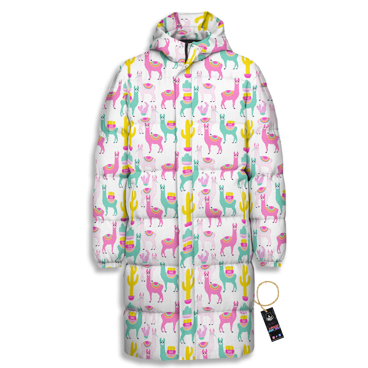 Llama And Cartoon Cactus Print Pattern Long Down Jacket