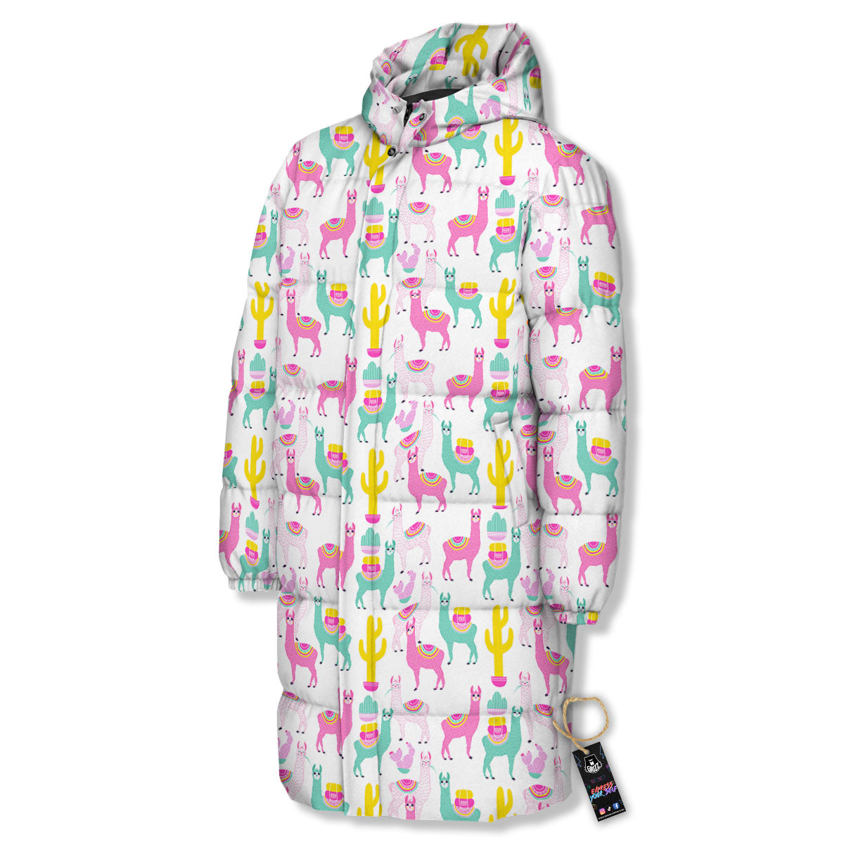 Llama And Cartoon Cactus Print Pattern Long Down Jacket