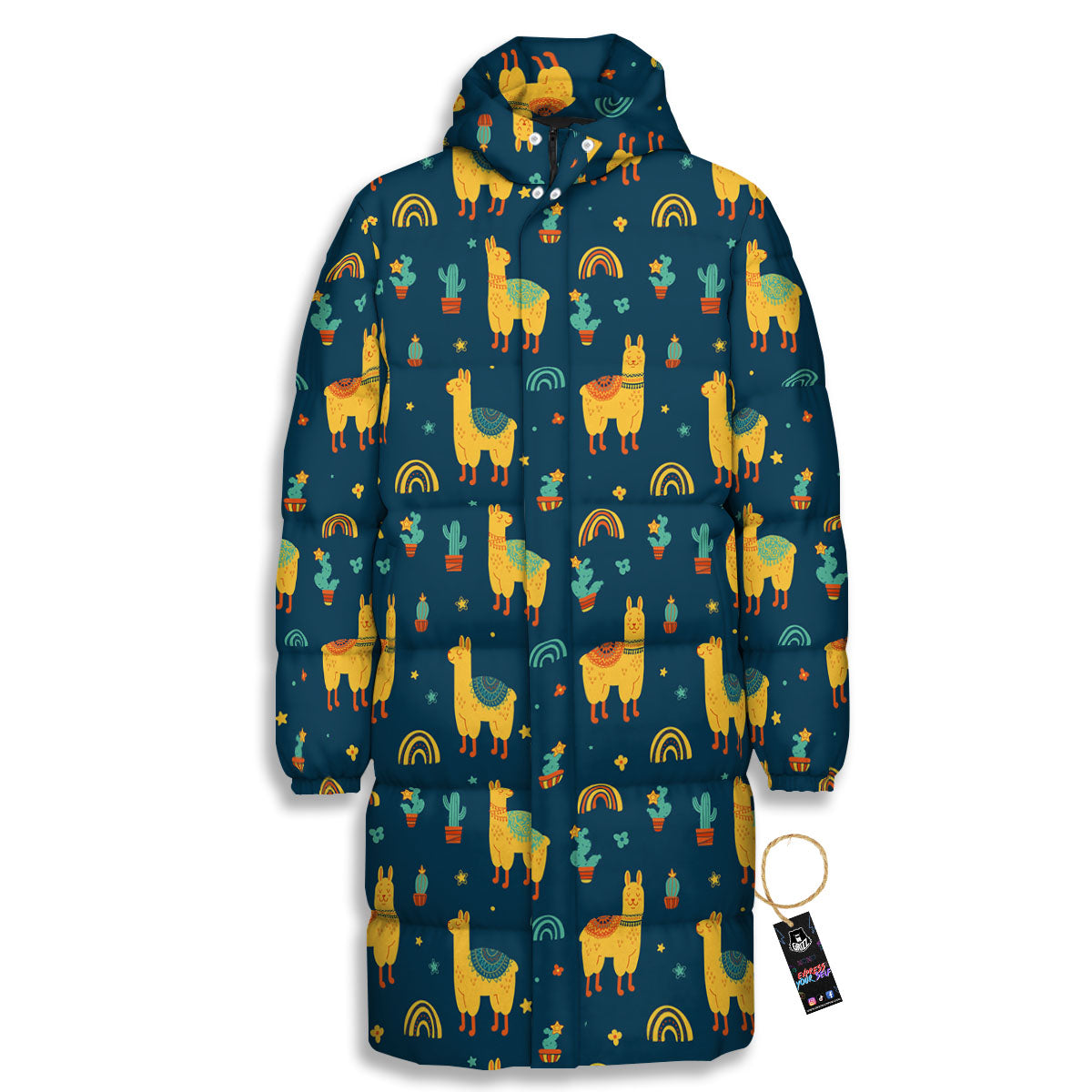 Llama And Cute Cactus Print Pattern Long Down Jacket