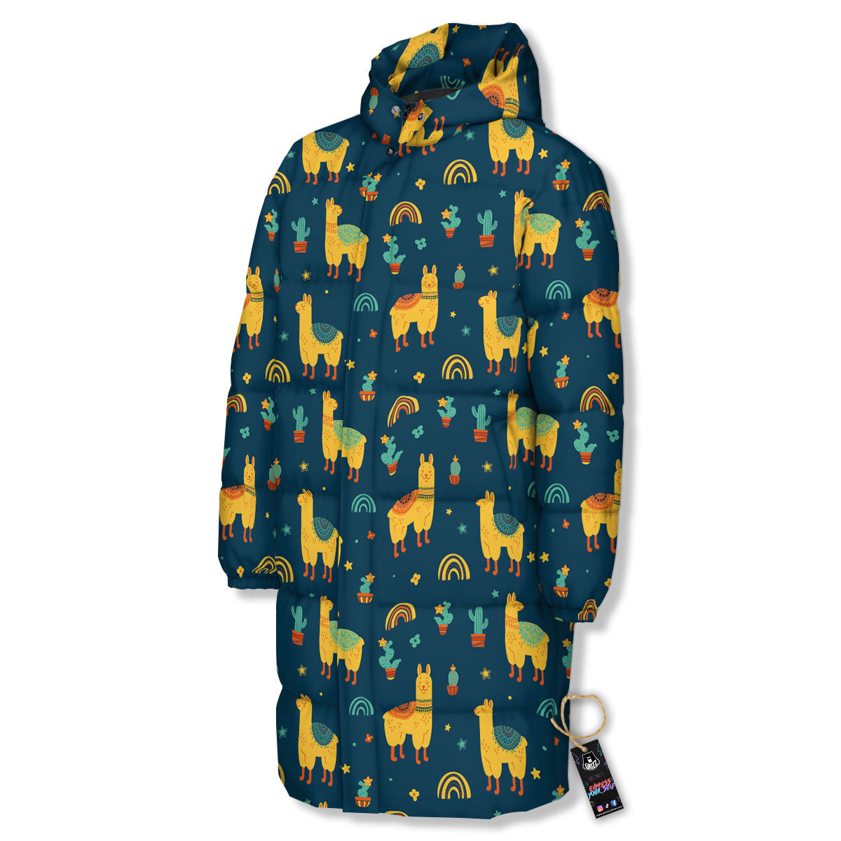 Llama And Cute Cactus Print Pattern Long Down Jacket