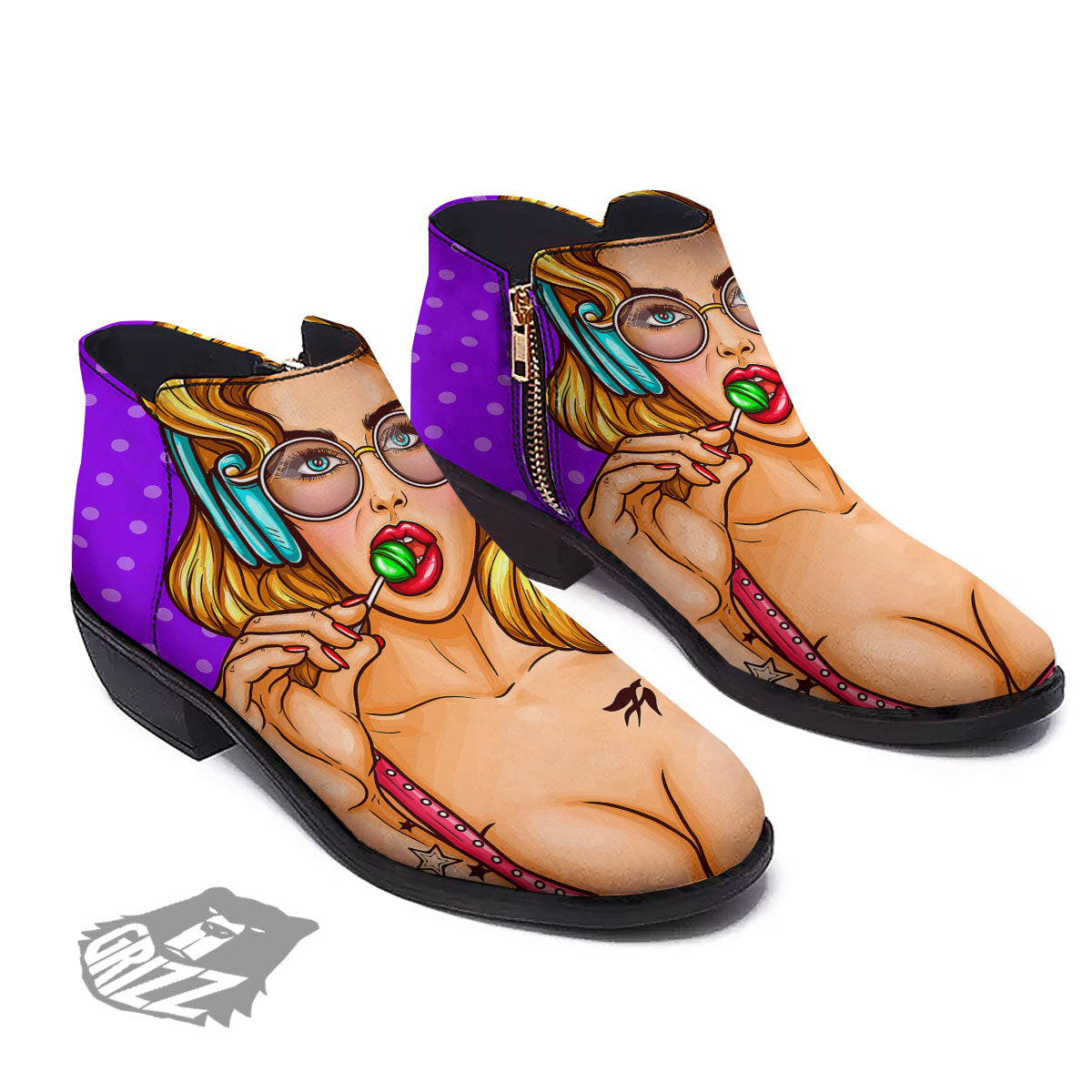 Lollipop And Punk Girl Print Ankle Boots-grizzshop