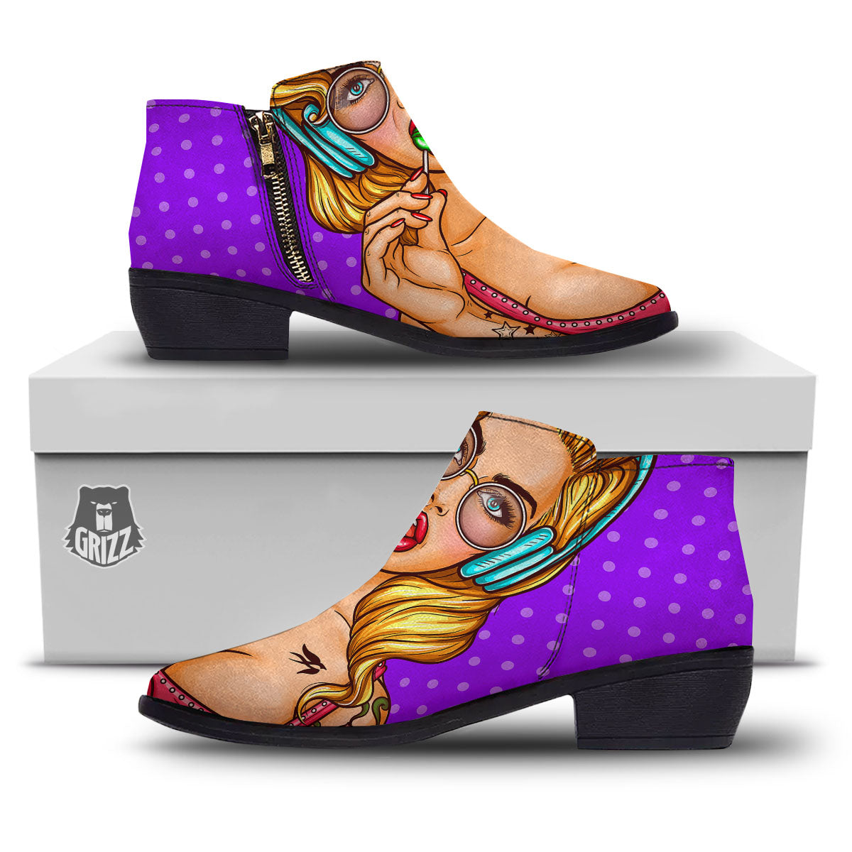 Lollipop And Punk Girl Print Ankle Boots-grizzshop