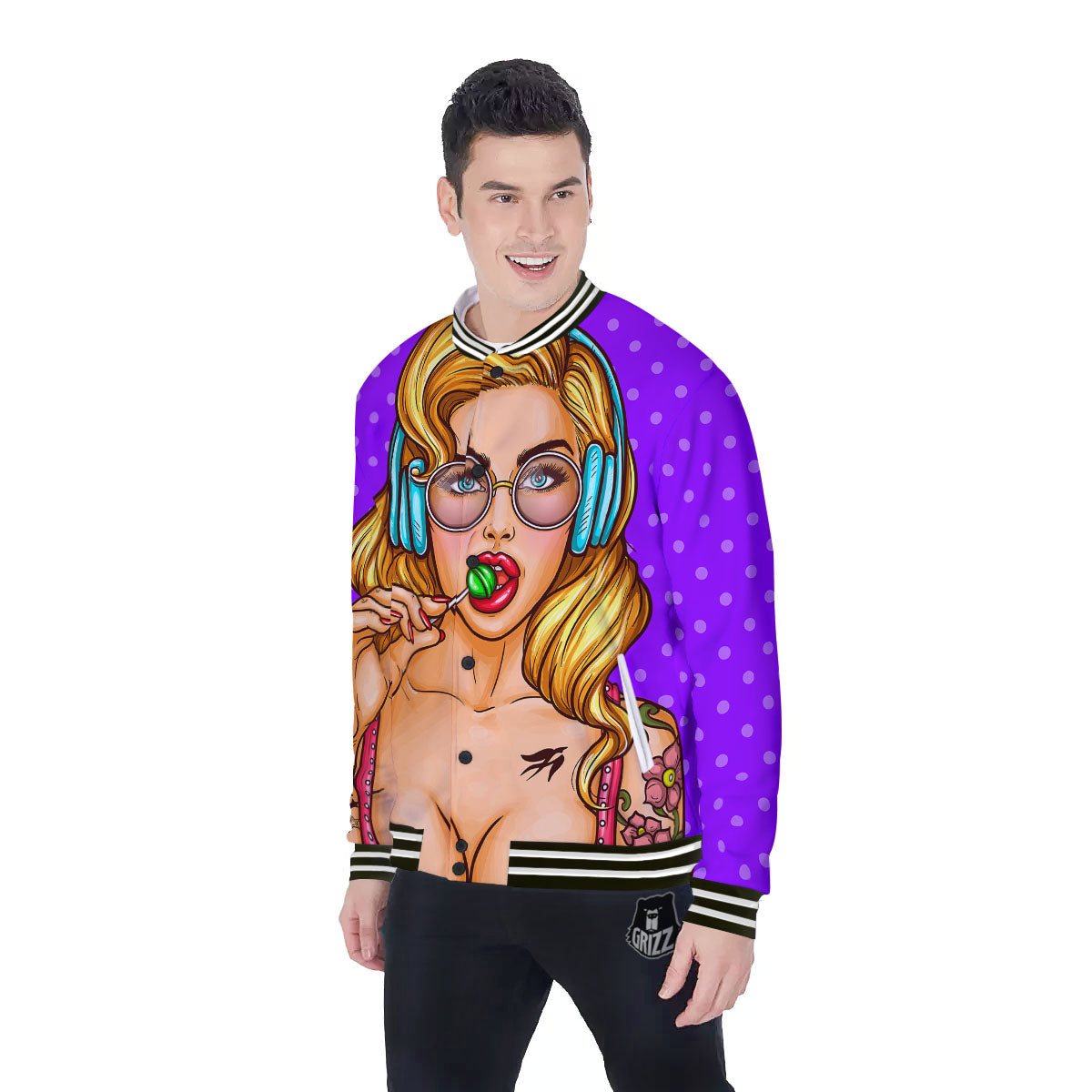 Lollipop And Punk Girl Print Baseball Jacket-grizzshop
