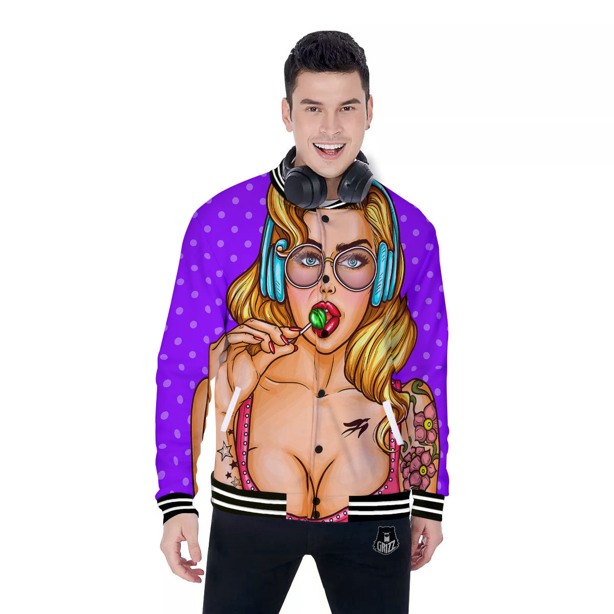 Lollipop And Punk Girl Print Baseball Jacket-grizzshop