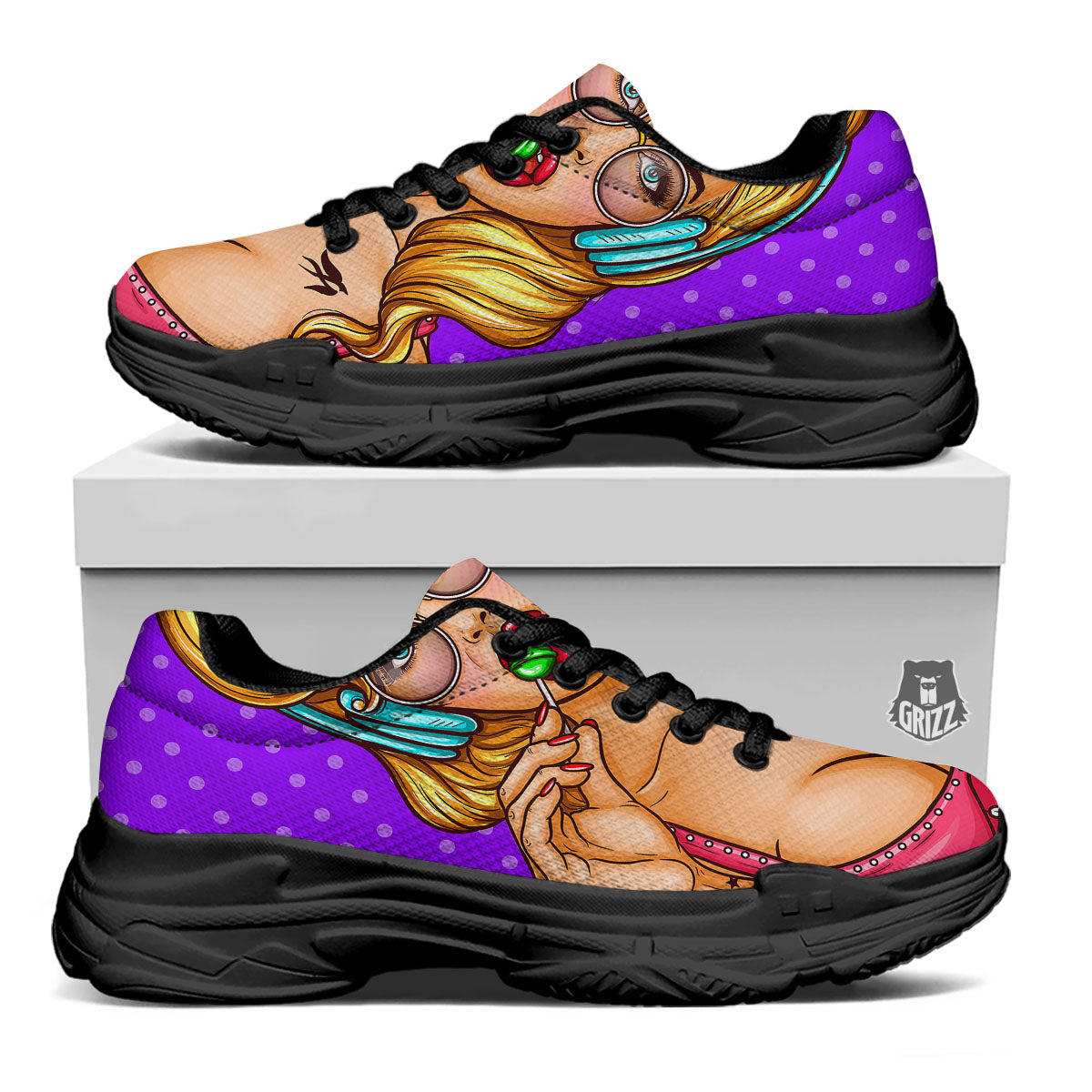 Lollipop And Punk Girl Print Black Chunky Shoes-grizzshop