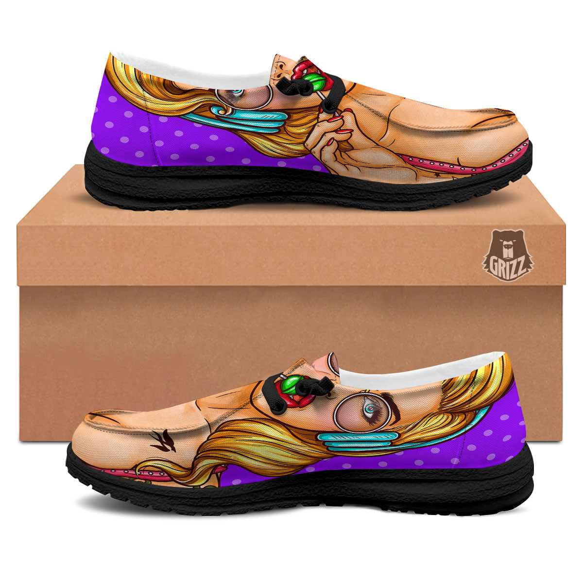 Lollipop And Punk Girl Print Black Loafers-grizzshop
