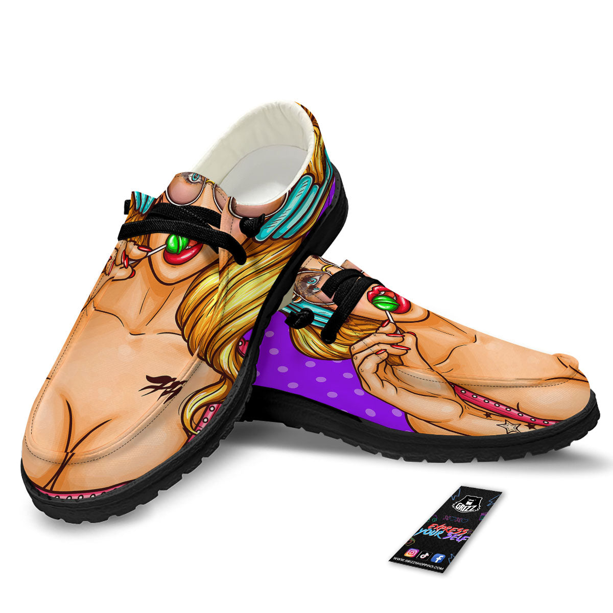 Lollipop And Punk Girl Print Black Loafers-grizzshop