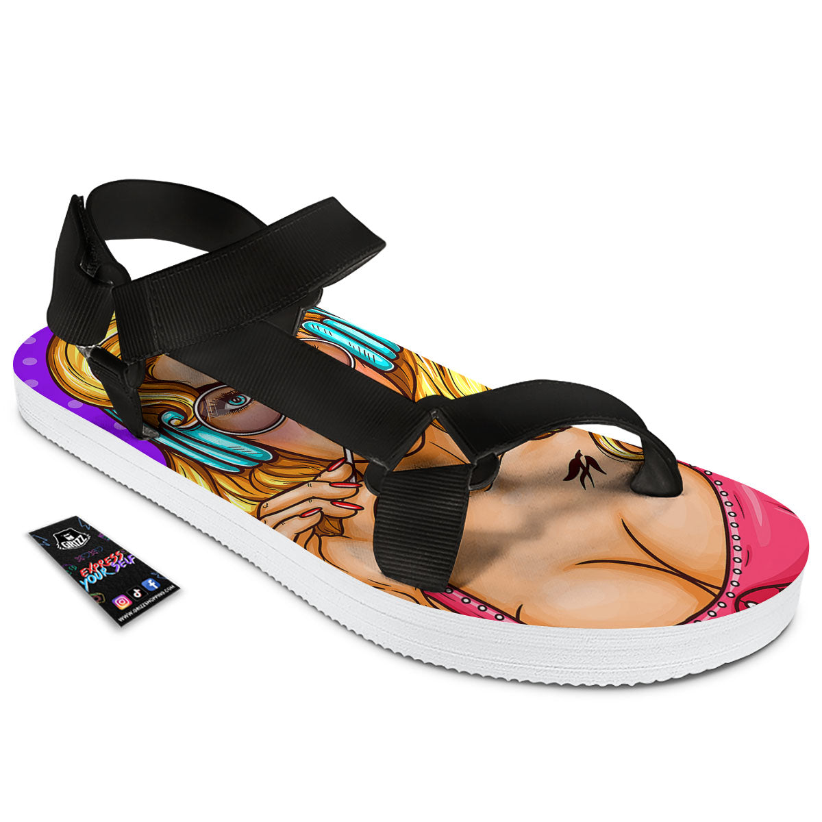 Lollipop And Punk Girl Print Black Open Toe Sandals-grizzshop