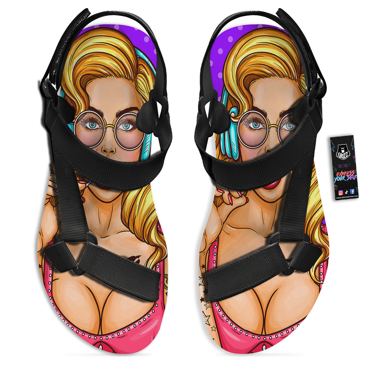Lollipop And Punk Girl Print Black Open Toe Sandals-grizzshop