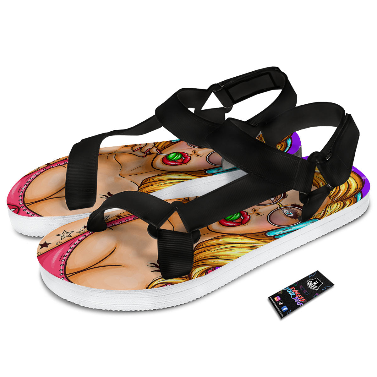 Lollipop And Punk Girl Print Black Open Toe Sandals-grizzshop