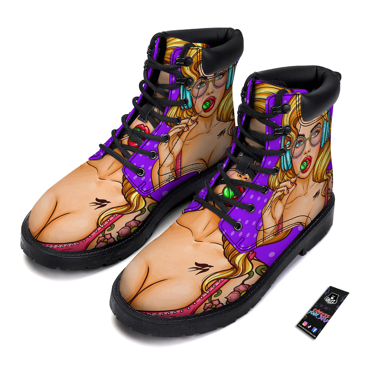 Lollipop And Punk Girl Print Boots-grizzshop