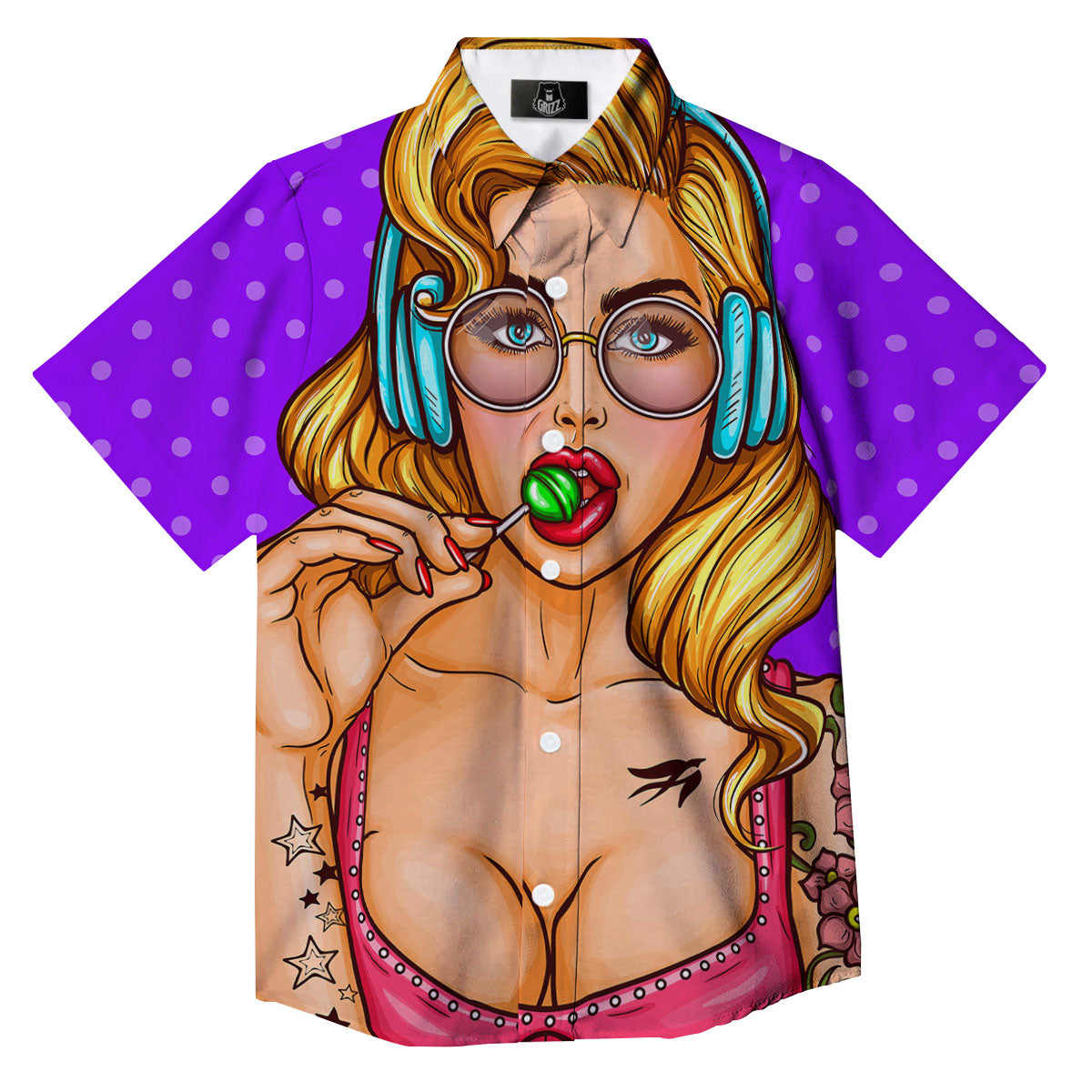 Lollipop And Punk Girl Print Button Up Shirt-grizzshop
