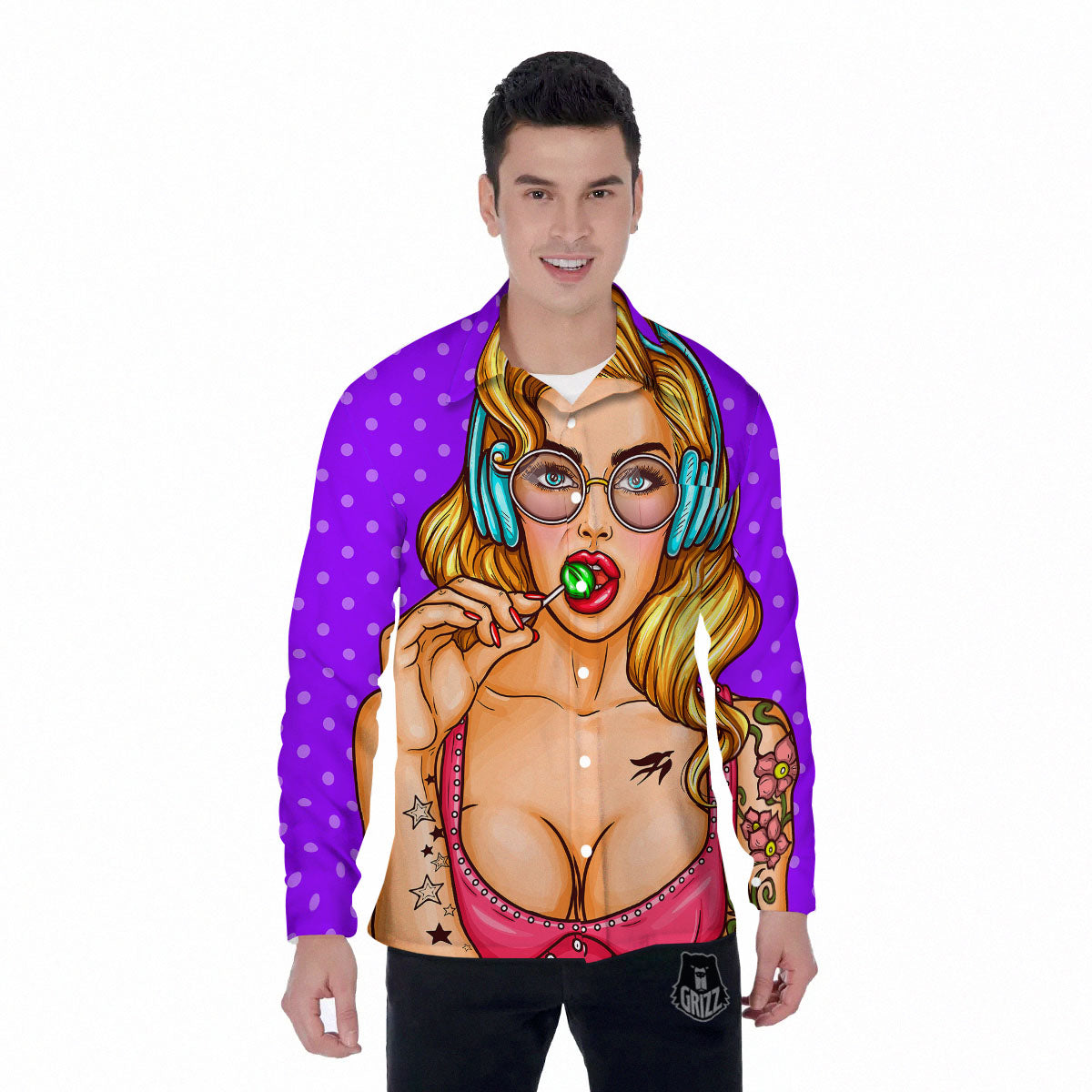 Lollipop And Punk Girl Print Men's Long Sleeve Shirts-grizzshop