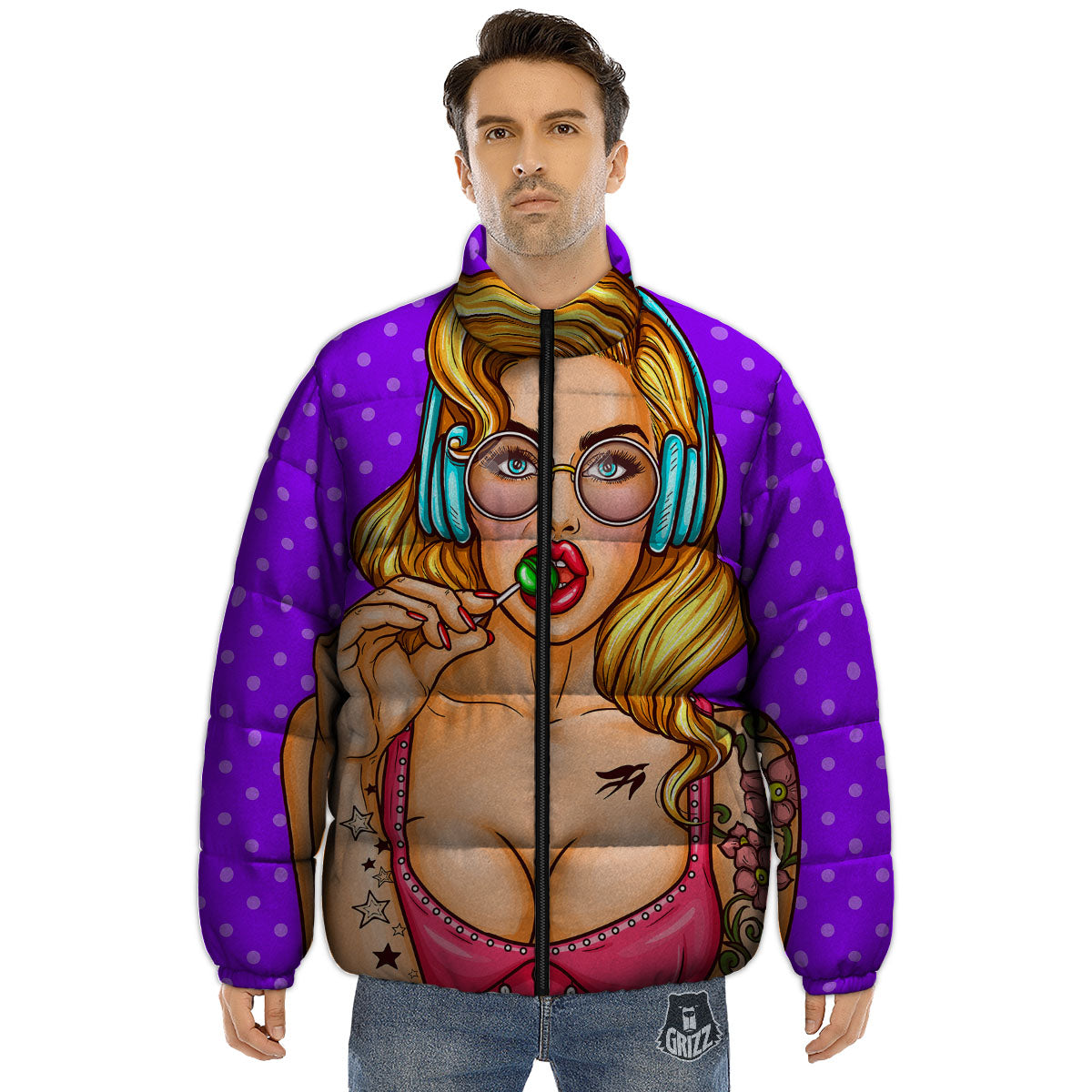 Lollipop And Punk Girl Print Puffer Jacket-grizzshop