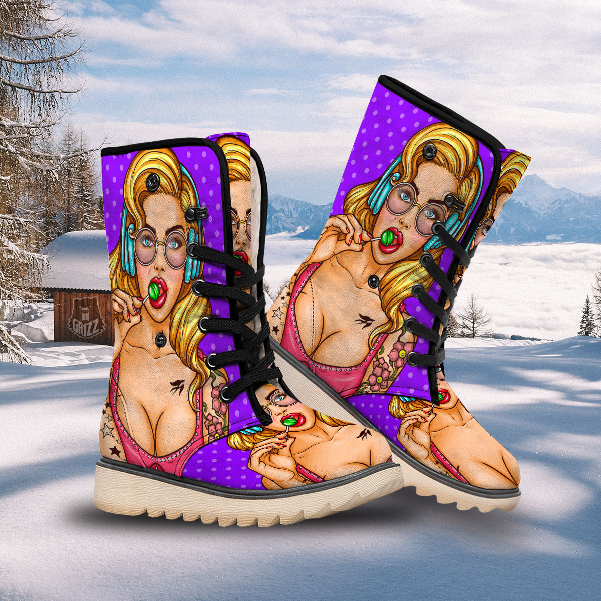 Lollipop And Punk Girl Print Snow Boots-grizzshop