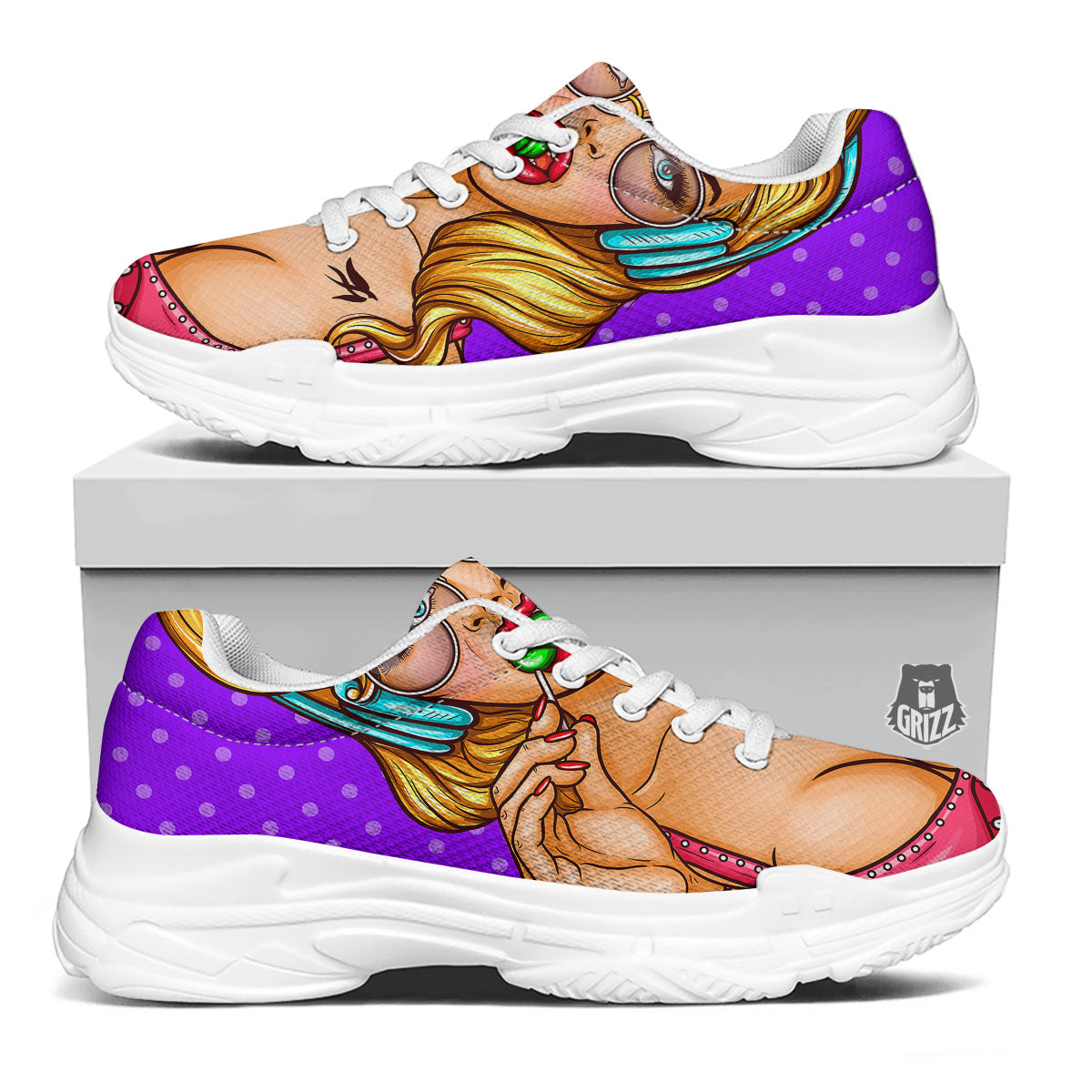 Lollipop And Punk Girl Print White Chunky Shoes-grizzshop