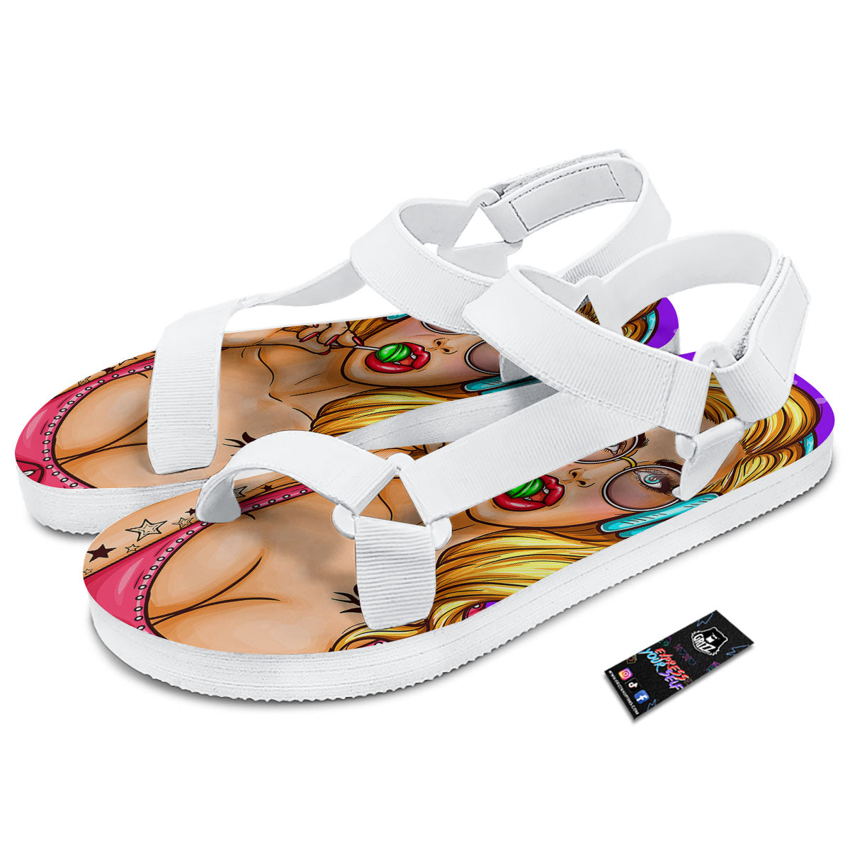 Lollipop And Punk Girl Print White Open Toe Sandals-grizzshop