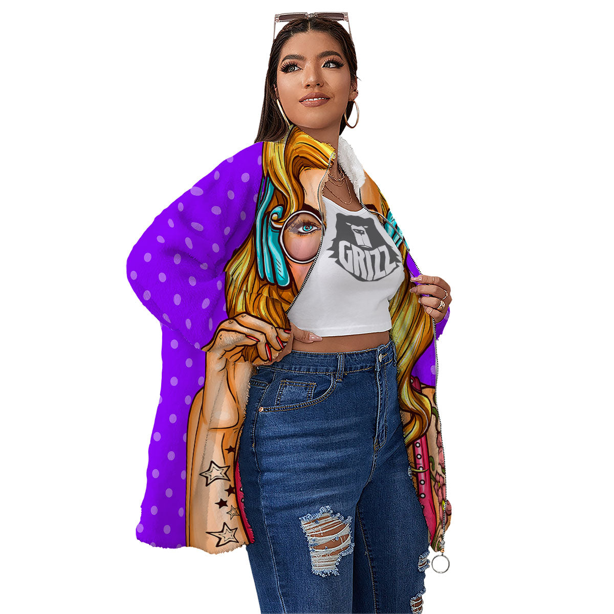 Lollipop And Punk Girl Print Women's Sherpa Jacket-grizzshop