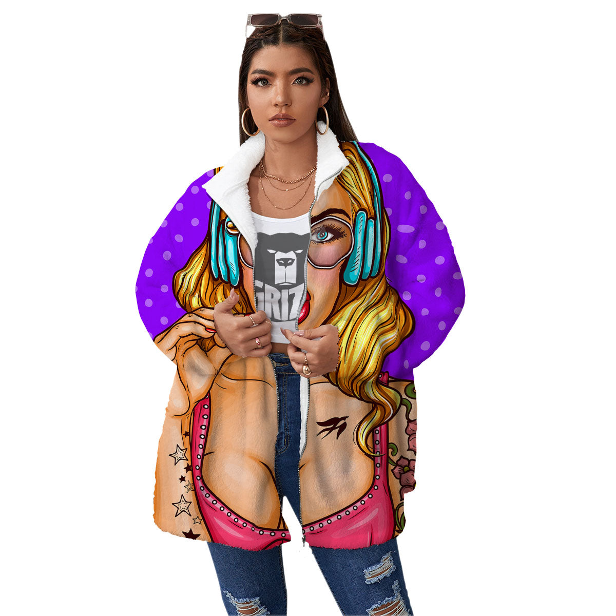 Lollipop And Punk Girl Print Women's Sherpa Jacket-grizzshop