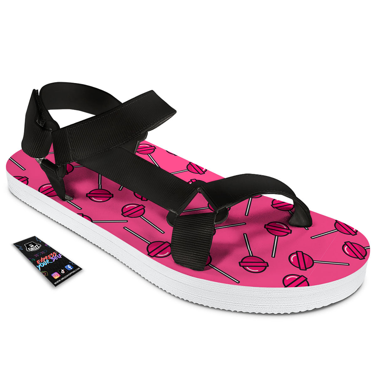 Lollipop Candy Pink Print Pattern Black Open Toe Sandals-grizzshop