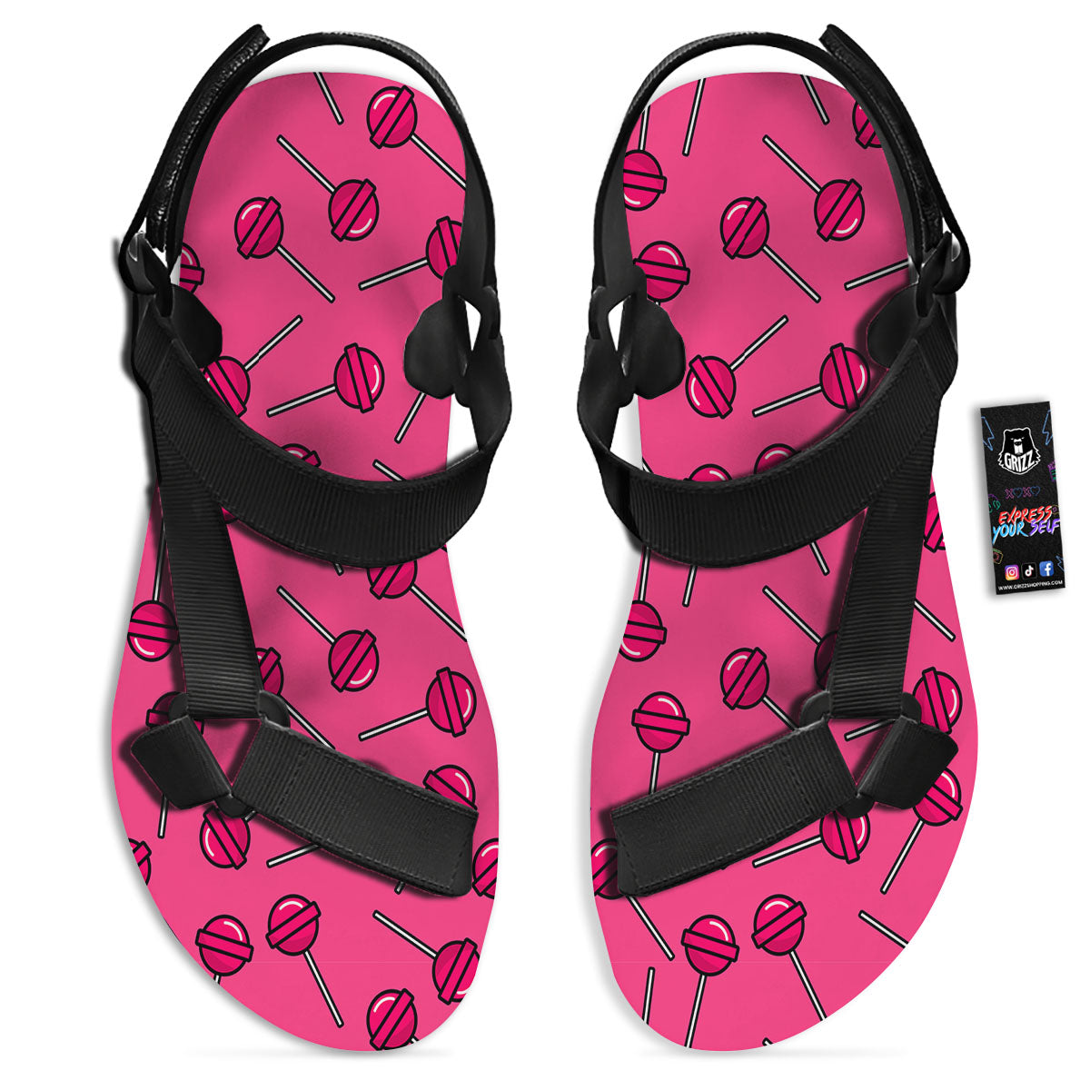Lollipop Candy Pink Print Pattern Black Open Toe Sandals-grizzshop
