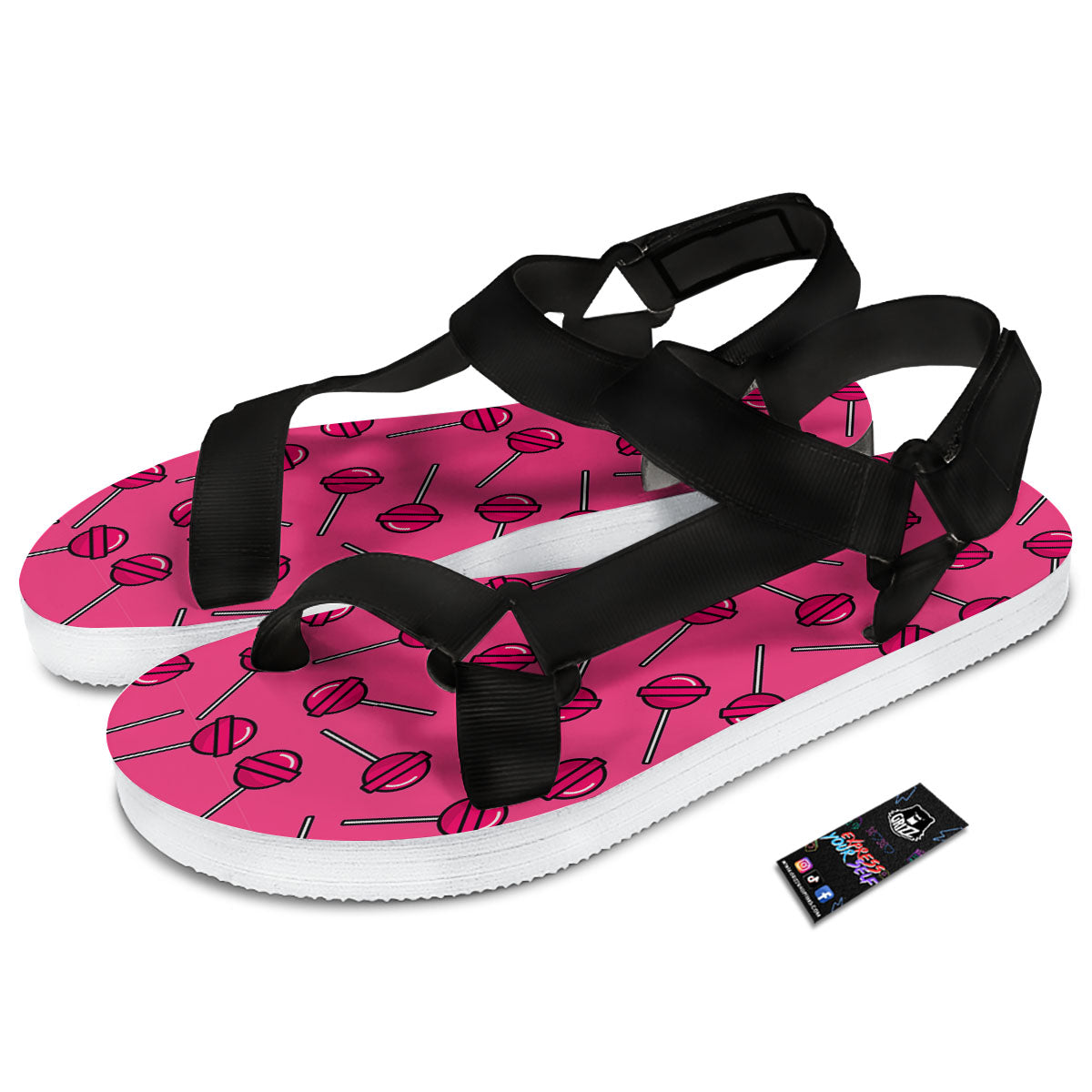 Lollipop Candy Pink Print Pattern Black Open Toe Sandals-grizzshop
