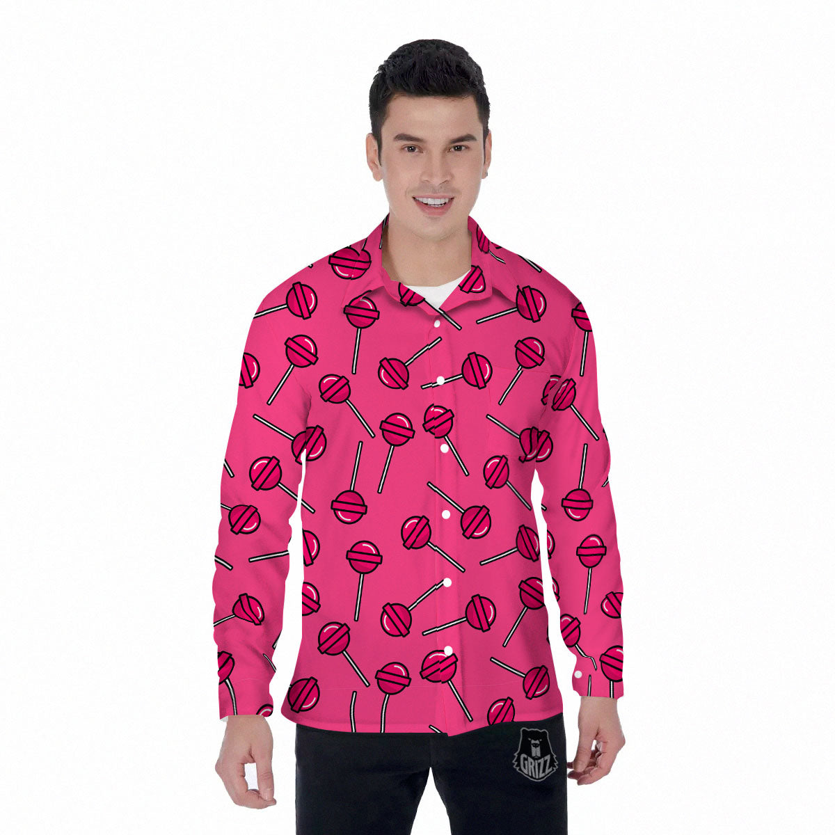 Lollipop Candy Pink Print Pattern Men's Long Sleeve Shirts-grizzshop