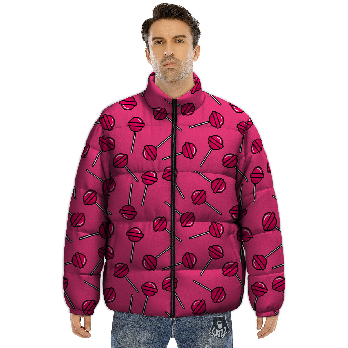 Lollipop Candy Pink Print Pattern Puffer Jacket-grizzshop