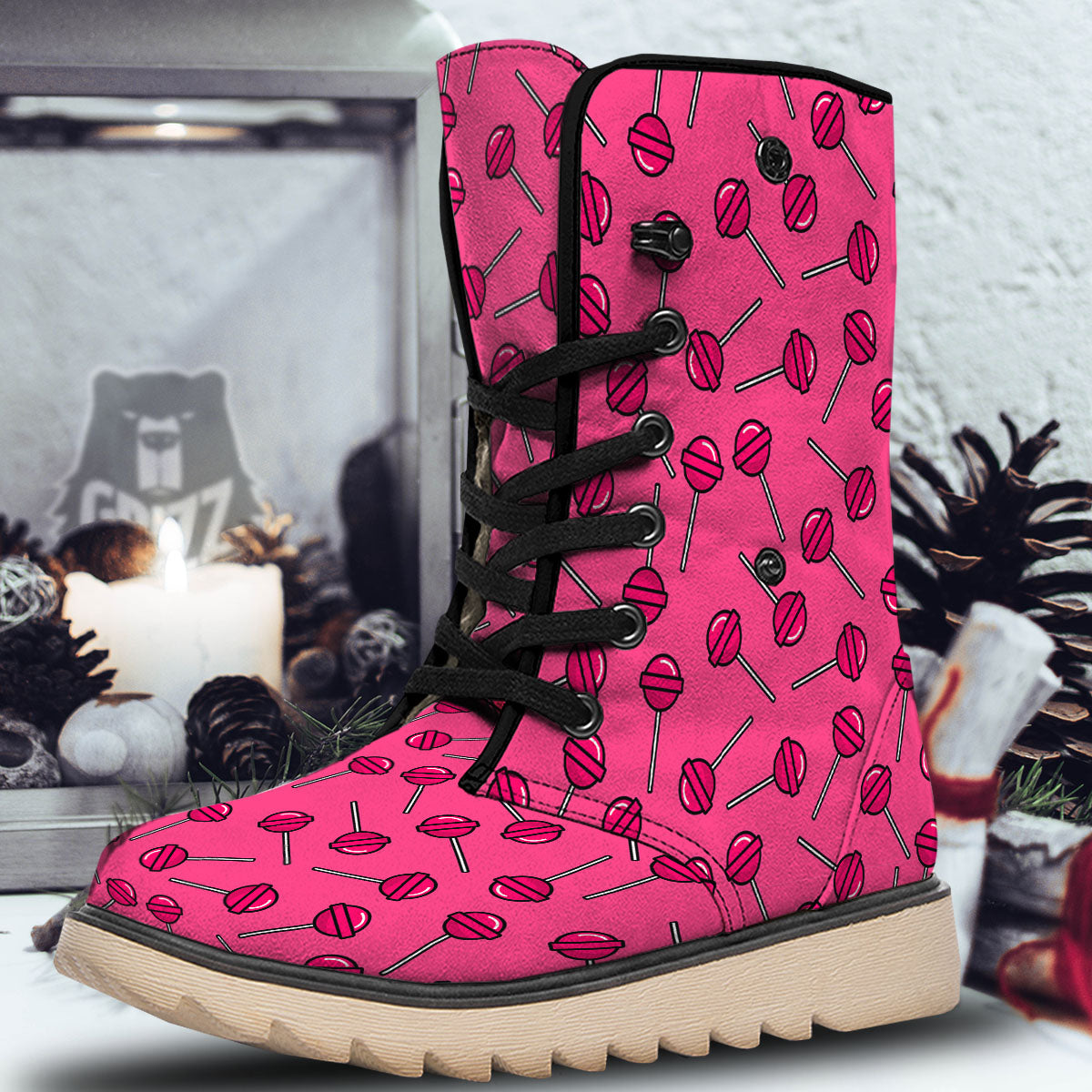 Lollipop Candy Pink Print Pattern Snow Boots-grizzshop