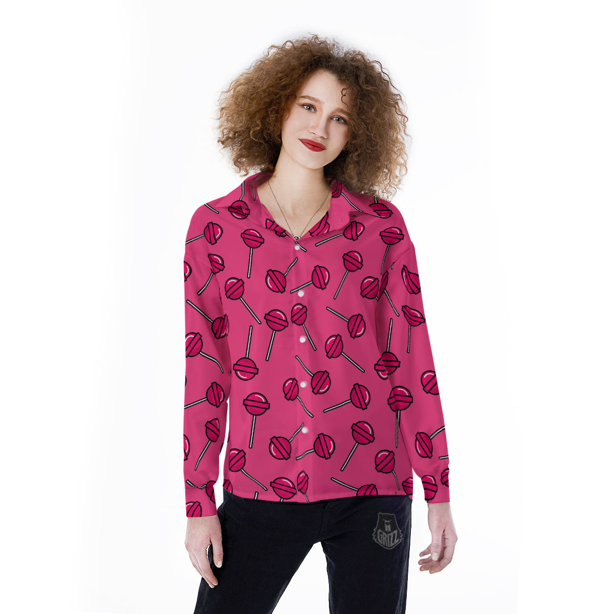 Lollipop Candy Pink Print Pattern Women's Long Sleeve Shirts-grizzshop
