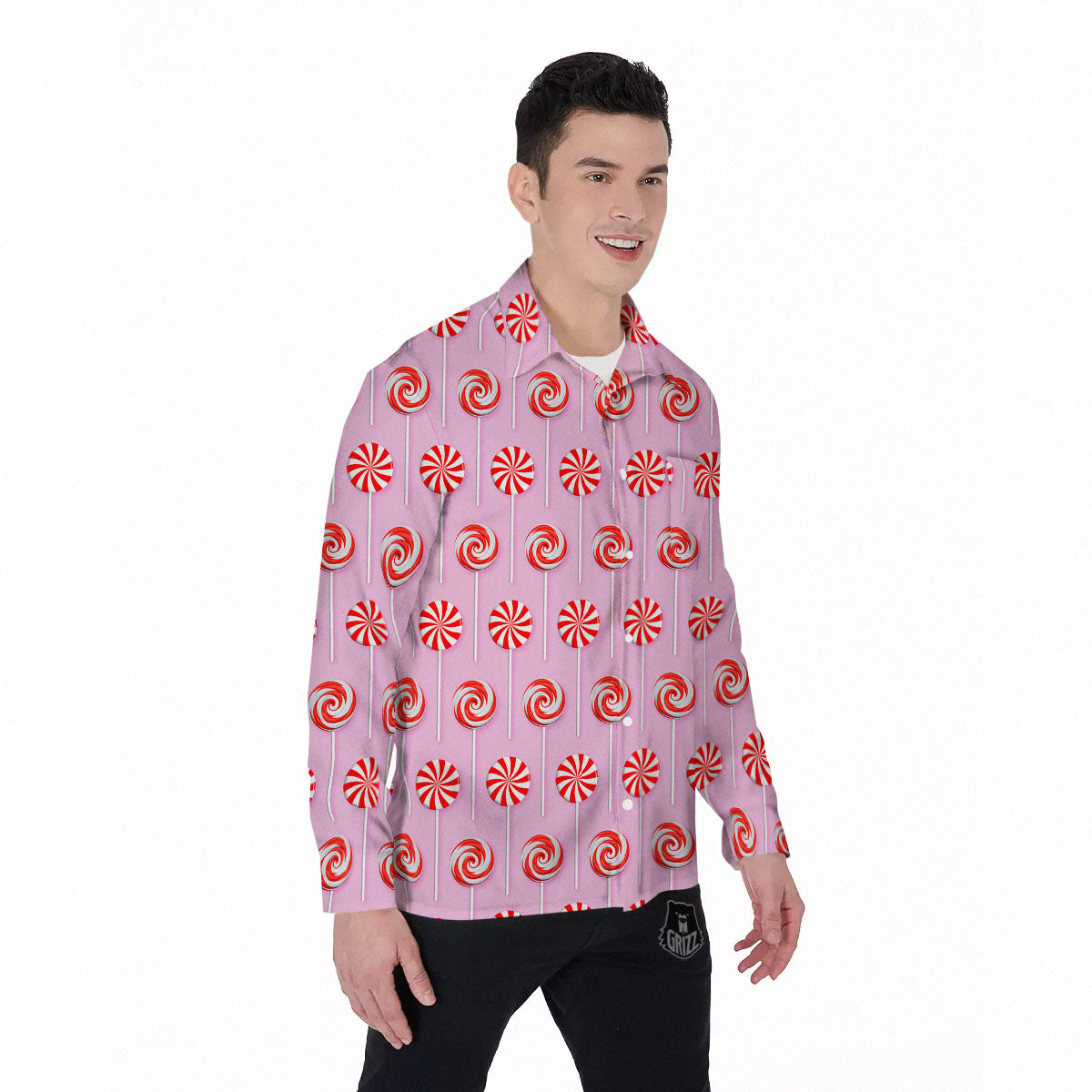 Lollipop Candy Red Print Pattern Men's Long Sleeve Shirts-grizzshop