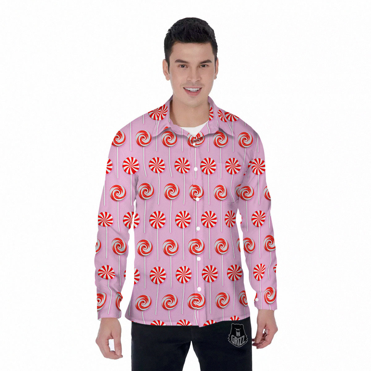 Lollipop Candy Red Print Pattern Men's Long Sleeve Shirts-grizzshop