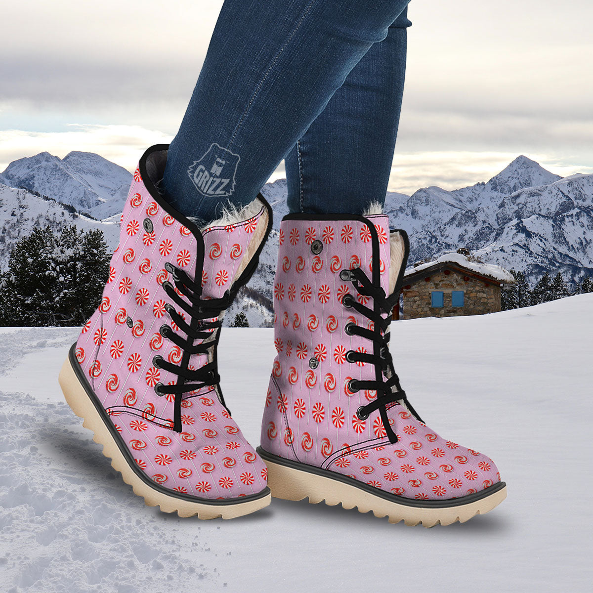 Lollipop Candy Red Print Pattern Snow Boots-grizzshop