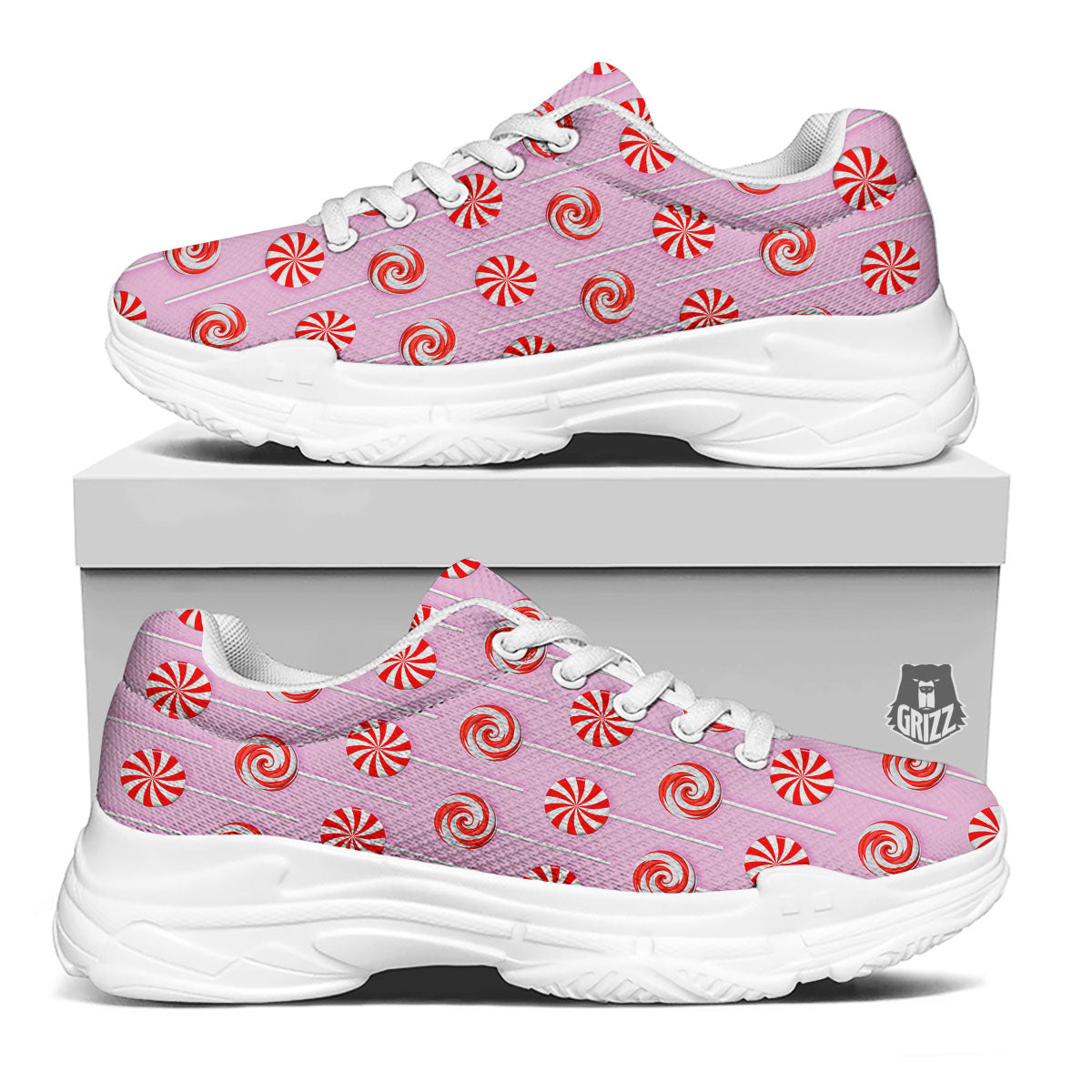 Lollipop Candy Red Print Pattern White Chunky Shoes-grizzshop