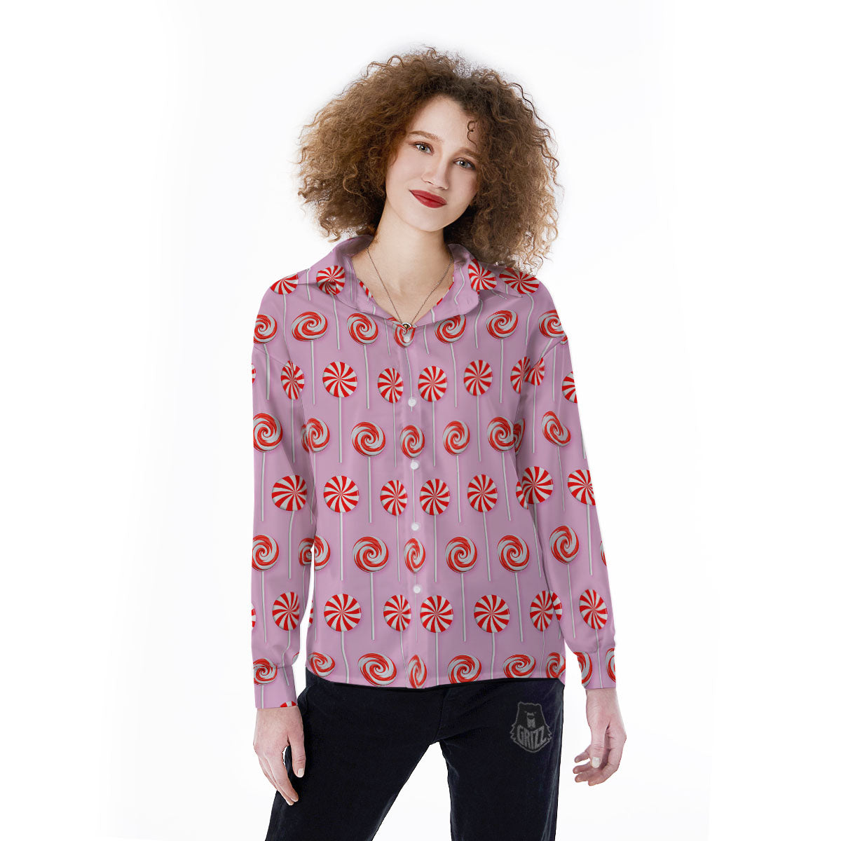 Lollipop Candy Red Print Pattern Women's Long Sleeve Shirts-grizzshop