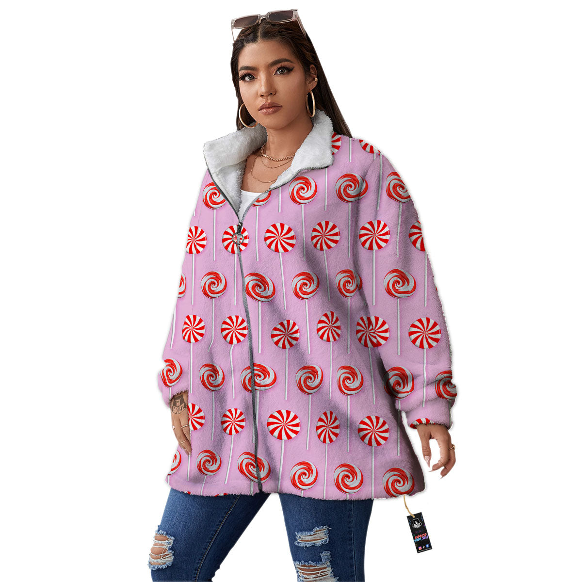 Lollipop Candy Red Print Pattern Women's Sherpa Jacket-grizzshop