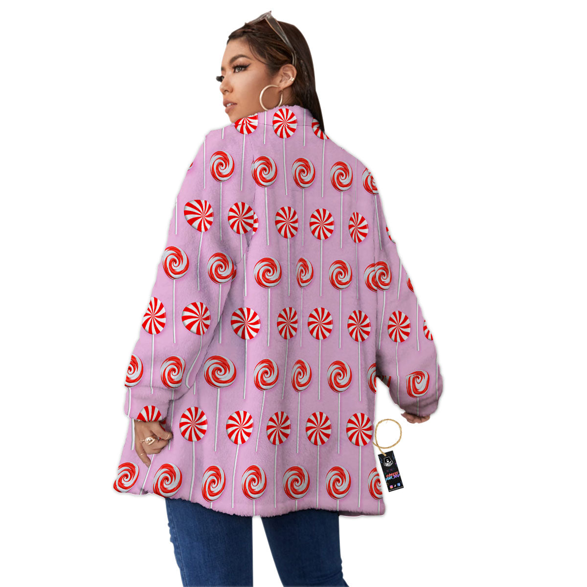 Lollipop Candy Red Print Pattern Women's Sherpa Jacket-grizzshop